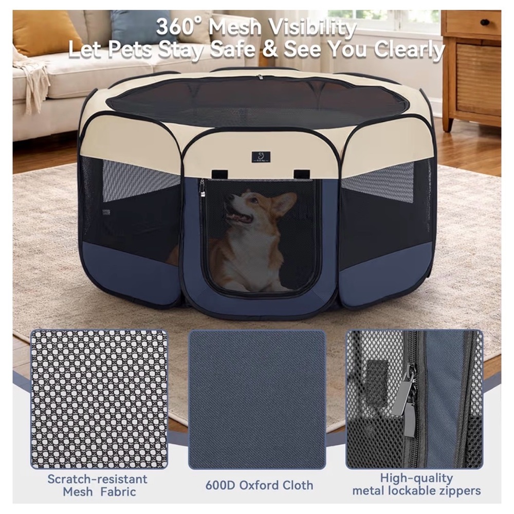 Foldable Small Pet Playpen - Beige and Blue Small Pets Playpen - Picture 2 of 4